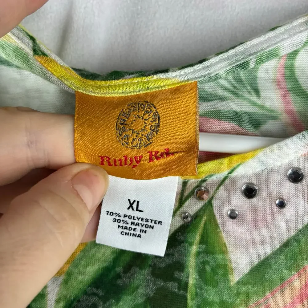 Ruby Rd Short Sleeve T-Shirt Top Women's XL Yellow Lemon Tropical Floral Resort
